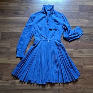 Rare Handmade 70s Vintage Blue Secretary Tie High Collar Pleated Mod Dress